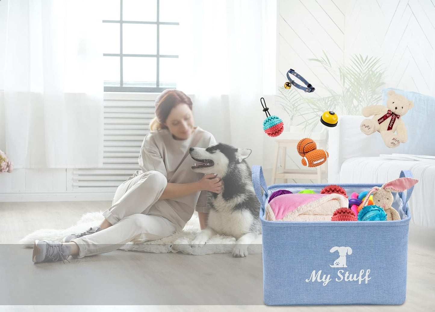 Canvas Dog Toy Storage Dog Toy Basket Box for Dog Toy Bins, Dog Blanket, Dog Clothes Storage - Pet Toy and Accessory Storage Bin-Blue-S